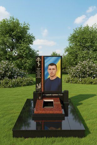 Гранитный мемориальный комплекс на могилу военного комбинированный из габбро и лезниковского гранита GP-0057 GP-0057 фото
